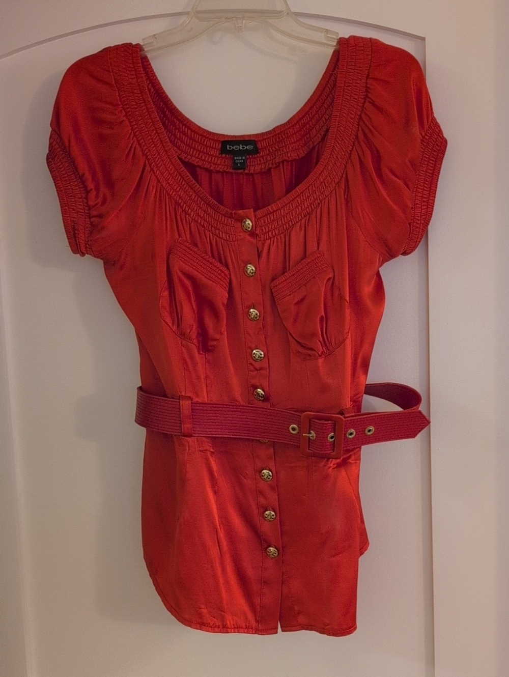 bebe Red Short Sleeve Button-Front Top with Matching Belt